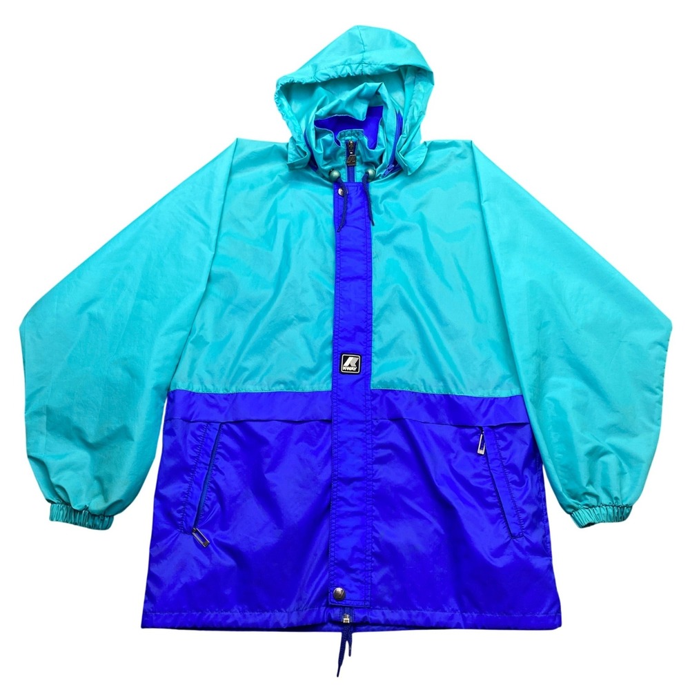 Vintage K-Way Colorblock Windbreaker Hooded Rain Jacket Teal Blue Mens Small
